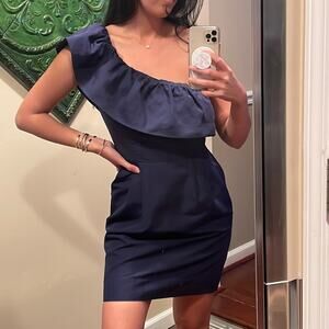 Rebecca Taylor Womens One-Shoulder Ruffle Sheath Dress NWOT Navy Blue Size 6